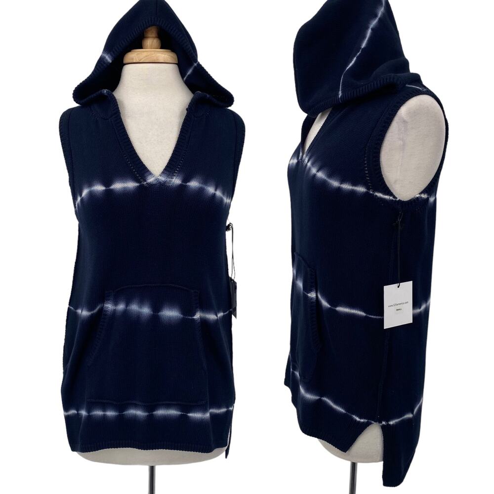 525 America Tie Dye Hooded Sweater Vest VNeck Knit Cotton Navy Blue NEW Womens S